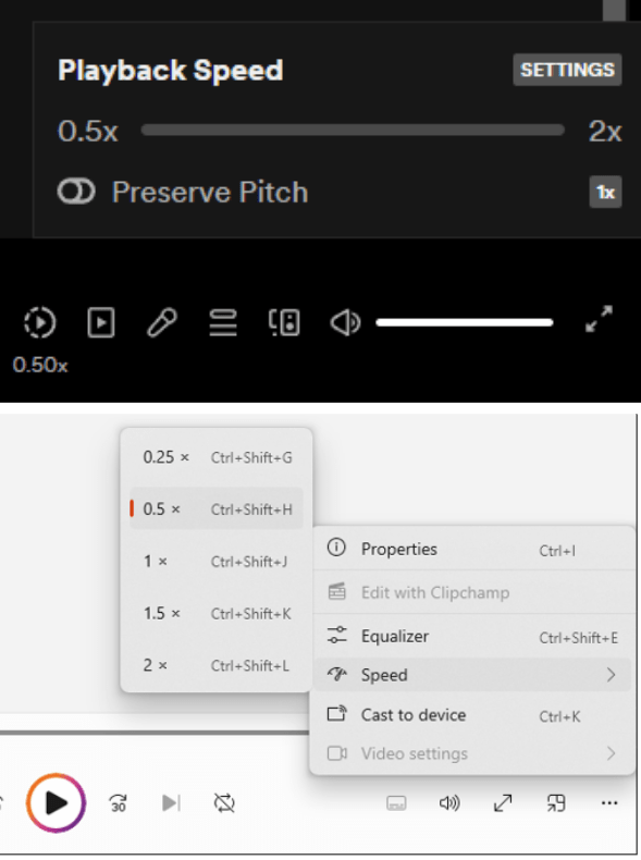x0.5 playback speed, spotify and WMP